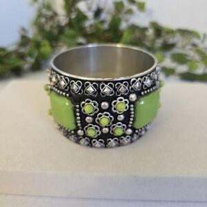 Boho Silvee and Green Wide Bangle Bracelet